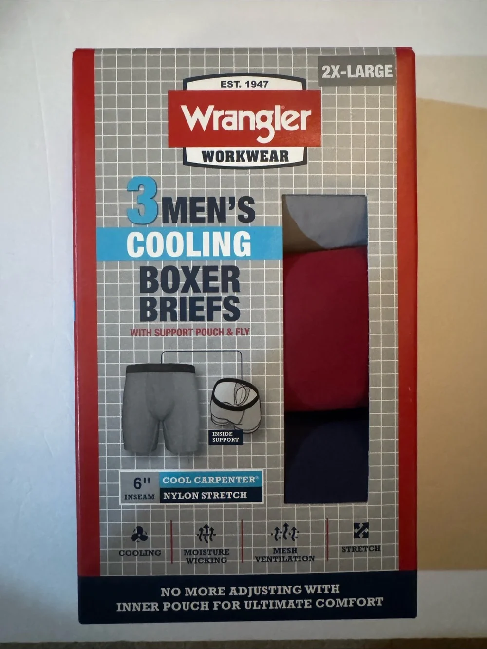 Wrangler Cool Carpenter 6” Boxer Briefs Men’s Underwear Gray, Red, & Blue